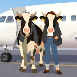 two modern day dressed beautiful holstein minotaur friends are boarding an airliner airplane