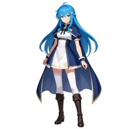 female alchemist with long blue hair wearing a short dress, white stockings, leather boots and cape, character art from Bravely Default 2, videogame, jRPG, character art, digital art, full body, high quality, white background