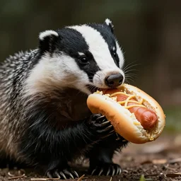photo of a badger eating a hot dog, dynamic lighting, high contrast