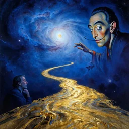 a golden river winding through a nebula by peter elson and jack gaughan and delphin enjolras, and dali, blue mood, blue light