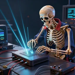 an skeleton maintenance worker fixing a modem, sharp lines, digital, artstation, colored in