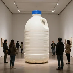a giant ziplock back of milk sits in the middle of a museum floor, people are standing around it like it\'s an art installation