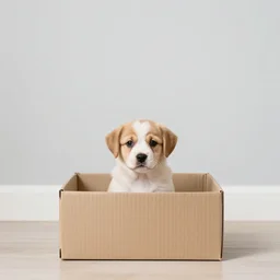 puppy sitting in a shoebox, photography, minimalistic, 8 k
