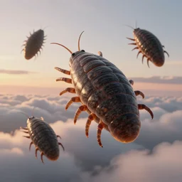 4 k film still of a tardigrade floating among the clouds during sunset, very detailed, photorealistic, realism, unreal engine, a tardigrade by gerard brom and gustav dorey