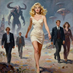 a mixed media painting of one very beautiful blonde woman fleeing from a distant colossus creature on an alien world, elegant, aesthetic!!! symmetrical face and eyes, sixties pinup, photorealistic, curvy by frank frazetta, greg rutkowski, boris vallejo, donato giancola, christian macnevin