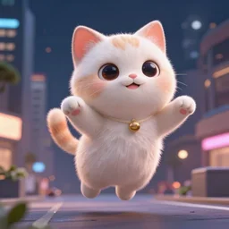 hyper detailed concept art of a cute flooffy 3d cat jumping, background the city at night sharp cinematic lighting 8k low angle shallow depth of field