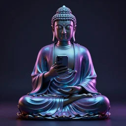 3 d render of a beautiful meditating buddha checking his smartphone, neo noir