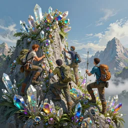 portraits of adventurers climbing a mountain made of rainbow gemstones and crystal and glass, refraction and reflection, iridescent, lush and overgrown, fantasy, avatar movie and horizon zero dawn 2, intricate, elegant, highly detailed, digital painting, artstation, concept art, matte, sharp focus, illustration, art by ruan jia and conrad roset and bouguereau,
