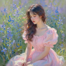 a portrait of a beautiful woman, intimate, lovely, painting by jeremy mann and claude monet, digital painting, faded color disposition, vibrant neon pastel, pink dress, field of blue flowers, magical, aesthetic