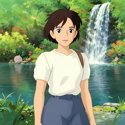emma watson in front of a lake with gardens and waterfall vibrant highlights sharp contrast trending pixiv fanbox by alex ross by victo ngai james gurney makoto shinkai takashi takeuchi studio ghibli