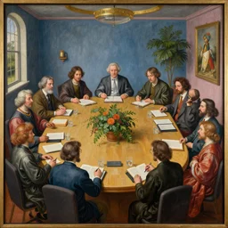 a renaissance painting of a psychedelic conference of scientists / professors / researchers in modern day osu, high detail