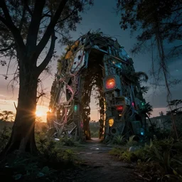 reclaimed by nature by rafael aranda, synthwave at dawn dramatic lighting evil sci - fi nightvision sunlight, archdaily, wallpaper, highly detailed, trending on artstation.