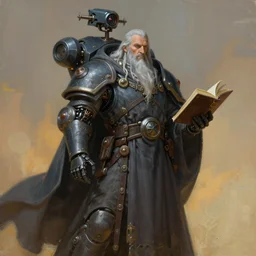 painting of gandalf as a cloaked tech priest holding a book, adeptus mechanicus, cybernetic enhancements attached to his body, zdzislaw beksinski, lewis jones, dariusz zawadzki, wayne barlow, warhammer 4 0 k, cold hue's, warm tone gradient background, concept art, digital painting