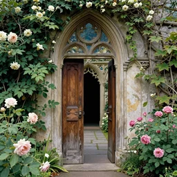 an old wooden gothic doorway with flowers in a gothic garden leading to a portal of unknown, painted by greg rutkowski and dan mumford, thomas kinkade