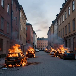 a street in stockholm, burning cars in the distance