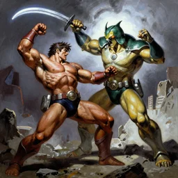 samus aran fighting ridley in the style of frank frazetta
