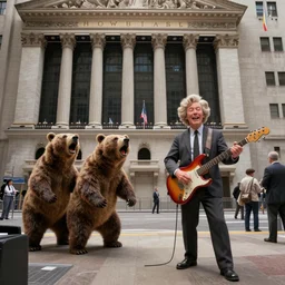 bears screaming on the floor of the NYSE as the markets rally to all-time-highs, painting by Edward Hopper, 3D rendering by Beeple, lead guitar by Betty White