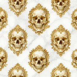seamless pattern of a beautiful portrait of a ornate and intricate rococo skull, hyper detailed, gold plated on white marble, wallpaper pattern