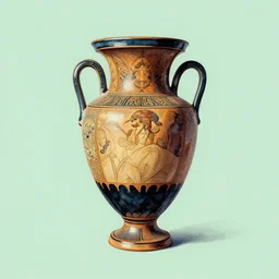 achingly beautiful print of intricately painted ancient greek amphora on green pastel background by rene magritte, monet, and picasso.