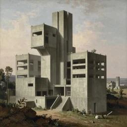 classical landscape paintings of brutalist concrete structures, masterpiece, insanely detailed and intricate, by eugene von guerard and asher brown durand