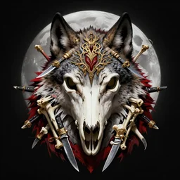 photo portrait portrait of skull of wolf, draped in broken bones and knifes, golden ornaments, symmetric, intricate skeletal decorations, symmetry, highly detailed, concept art, black, red, white, gold layers, super moon, style of nekroxiii, hyperrealistic