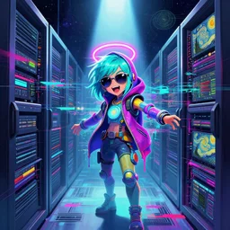 an angelic hacker with turquoise hair in vast cyberspace glitching through a vulnerable server, wearing sunglasses, wearing a neon halo, futuristic clothes, vibrant colors, rule of thirds, spotlight, drips of paint, expressive, passionate, by demobaza, by greg rutkowski, by jeremy mann, by francoise nielly, by van gogh, digital painting