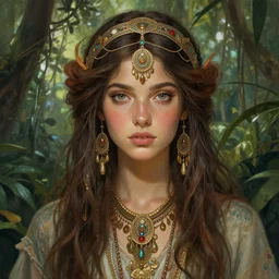 ultra realistic illustration, bohemian girl in jungle, staring directly into camera, intricate, elegant, highly detailed, digital painting, artstation, concept art, smooth, sharp focus, illustration, art by artgerm and greg rutkowski and alphonse mucha