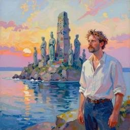 acrylic painting, impressionism and expressionism, strong emotional impact, bold pastel colors, expressive brushstrokes. by peter mohrbach and mark keathley. fantasy illustration of the shore of the island of monuments and statues. spectacular sunset. beautiful and vivid trending on artstation hq 8 k contest winner # wow