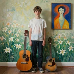 portrait of nervous boy with in a room with an acoustic guitar standing next, wall paper field of lily's, hernan bas and pat steir and hilma af klint, psychological, photorealistic, dripping paint, washy brush, rendered in octane, altermodern, masterpiece