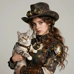 a portrait of a beautiful steampunk woman and her cute robot cat, long hair, aged 2 5, slovenian, wearing a travel hat, photo realistic, real life, octane render, trending on artstation by mario testino