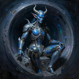 sci - fi neoclassicist renaissance portrait of blue demon seated inside singularity, with high tech body interface. iridescent textures. highly detailed fantasy science fiction painting by chris cunningham and mikhail vrubel. dark and volumetric. trending on artstation