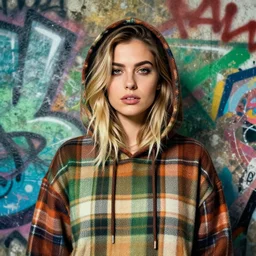 highly detailed portrait of a sewer stylish seattle lady, tartan hoody, by atey ghailan, by greg rutkowski, by greg tocchini, by james gilleard, by joe fenton, by kaethe butcher, gradient green, brown, blonde crea, orange, brown and white color scheme, grunge aesthetic!!! ( ( graffiti tag wall background ) )