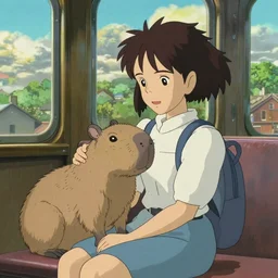 a young girl and her pet capybara in a train, art by hayao miyazaki, studio ghibli film, hi res, 4k, high detail