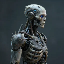 skeleton with cybernetic enhancements as seen from a distance, scifi character portrait by greg rutkowski, esuthio, craig mullins, 1 / 4 headshot, cinematic lighting, dystopian scifi gear, gloomy, profile picture, mechanical, half robot, implants, solarpunk