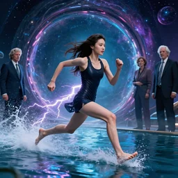 lee jin - eun running on water at super speed, emerging from multiversal galactic portal, splashes of lightning behind her, zoom, by ilya kuvshinov and peter mohrbacher, and m. k. kaluta, rule of thirds, seductive look, beautiful