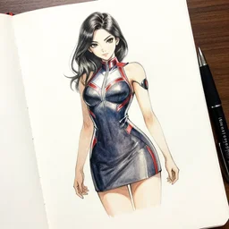 beautiful aesthetic inspirational masterful professional ink pen and watercolor sketch of a japanese girl posing in minidress, marvel style, fine details, trending on artstation, high quality paper