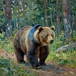 Brown Grizzly Bear in a blue hoodie walking through the woods painted in post-impressionist painter Vincent Van Gogh's style Vincent Van Gogh Paul Gauguin Pablo Picasso 4k Brown Trees Green Dirt Path Sunlight Nice cinematography Painting
