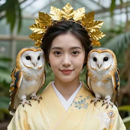 portrait photograph of an extremely beautiful!!!! young female , symmetric highly detailed face!, symmetric round detailed eyes!!, slight smile, natural light, wearing a yellow kimono!!! with a very detailed barn owl! on her shoulder in a tropical greenhouse. looking at the camera!!. golden crown made of golden leaves. super resolution. Extremely detailed. Graflex camera!, bokeh!!!!!. by james Gurney