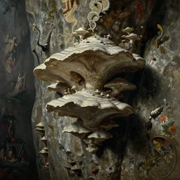 decomposing fungus hanging from cliffs, by ivan shishkin, by zdzisław beksinski, coherent, artwork, favolaschia - calocera, elegant, ornate, super detailed, ancient ritual