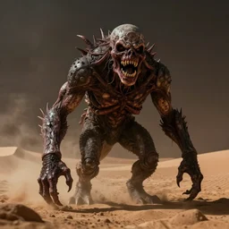 terrific monster in middle of desert, horror, dark atmosphere, harsh lighting, cinematic lighting, scary, award wining art, artstation, high details, concept art, 4 k