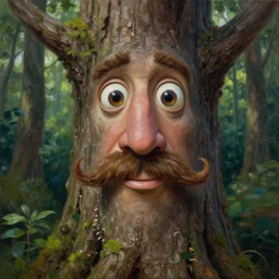 a talking tree, a smiling face in the bark, bushy moustache, big eyes, nose, fantasy concept art, oil painting, hyperrealistic, highly detailed, artstation, cgsociety, in the forest
