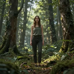 a woman standing in the middle of a forest, concept art by cedric peyravernay, cgsociety, neo - figurative, rendered in unreal engine, unreal engine 5, physically based rendering
