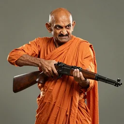 Action movie still of Ghandi wearing orange robes breaking a rifle in half, furious facial expression, CIV Ghandi, by Christopher Balaskas and artgerm, cinematic, vibrant, digital art, gritty, studio lighting, model, realism, 4k n 6