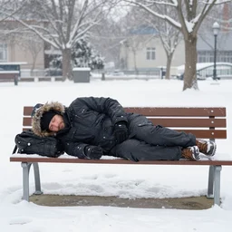 Homeless man sleeping on a bench, photograph, snowing