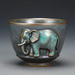 raku elephant tea cup, horse hair, raku metallic, turquoise, mottled, smokey
