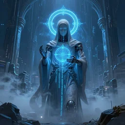 a gray faceless figure, ascended, robot wizard, NPC with a saint\'s halo, saintly halo behind their head made of neon filigree, consulting the cyber oracle of all knowledge, at the end of time, in an esoteric ritual exchange of physical code, muted neon mists obscure the towering arcological ruins of future cities, 8k, 4k, unreal 5, DAZ, trending on artstation, octane render, abstract painting, bright blue future