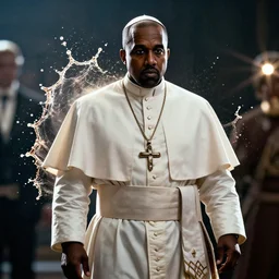 kanye west as the pope pope in gears of war battlefield 5, splash art, movie still, cinematic lighting, dramatic, octane render, long lens, shallow depth of field, bokeh, anamorphic lens flare, 8 k, hyper detailed, 3 5 mm film grain