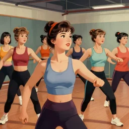 girls group fitness class in a gym, very coherent, detailed faces, 1 9 8 0 s propaganda poster art, multicolor, muted colors