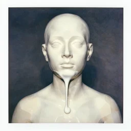 watercolor, a liquid white clay porcelain portrait of a face melt down flow go runny, body painted with white thick fluid by marlene dumas, realistic detailed watercolor polaroid, grainy image, low poly contrast