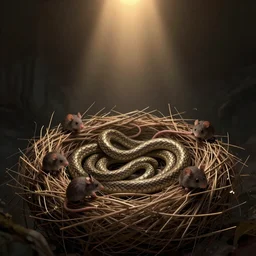 vanishing point, snakes and mouses gather in a nest ， night, magic, intricate ， smooth line, light dust ，, unreal engine, mysterious dark background, warm top light, loish, rhads, ferdinand knab, greg rutkowski, dan mumford, wlop, sconcept art, digital painting, 8 k